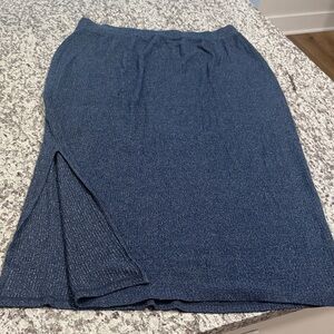 Stretch Knit Navy Midi Skirt with Side Slit